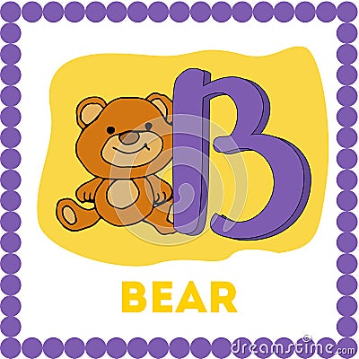 Letter B uppercase cute children colorful zoo and animals ABC alphabet tracing flashcard. Learning card for kids. English Vocabula Vector Illustration